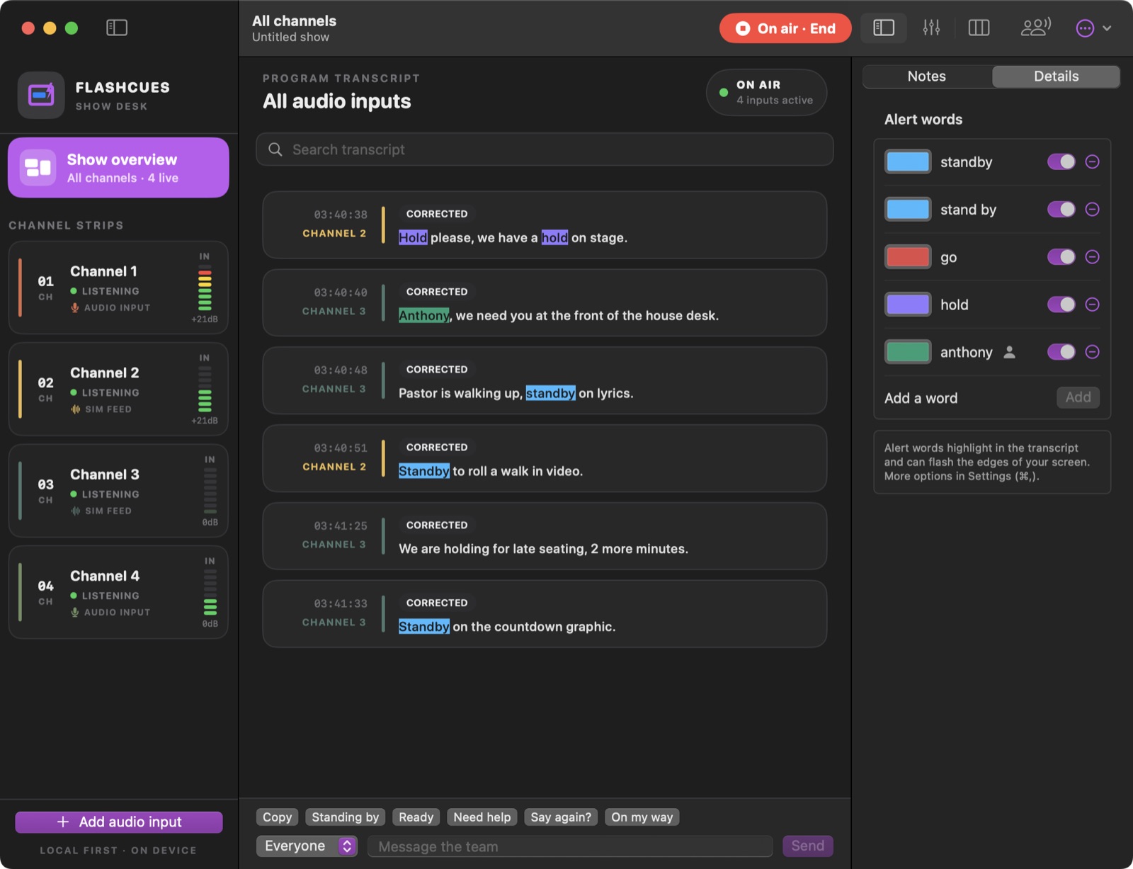 FlashCues show desk with live transcript and alert words